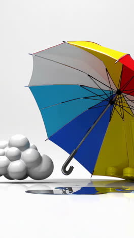 stylized weather elements: umbrella, rain boots, clouds, and lightning