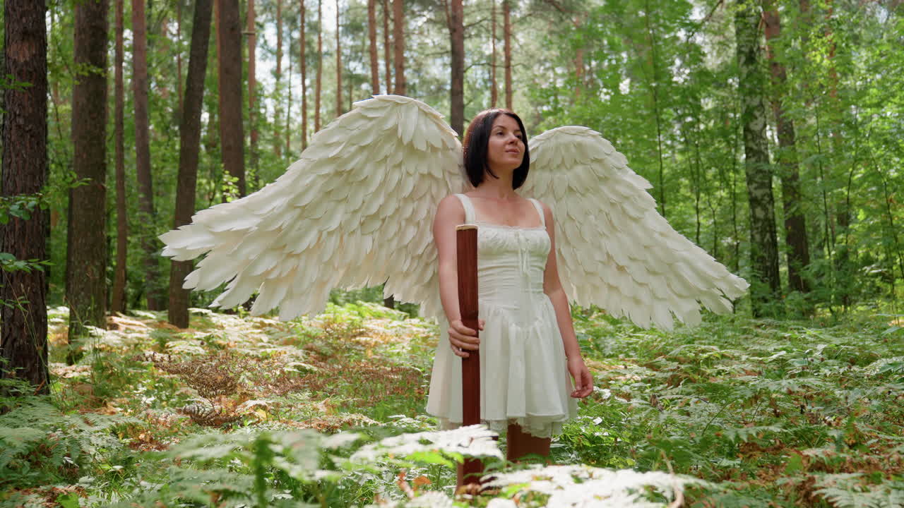 Goddess of love dressed in white with angelic feather wings standing in forest holding wooden staff lowering it confidently under warm sunlight surrounded by green leaves radiating strength