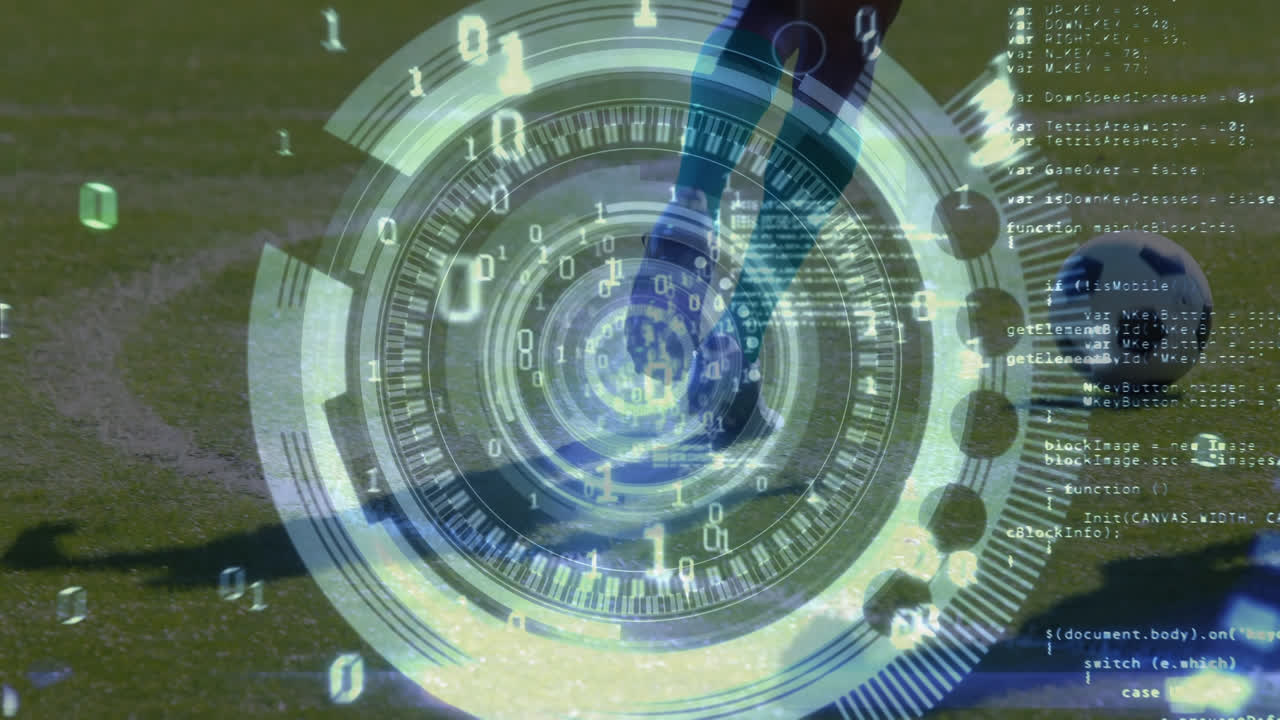 animación de escaneo de alcance y procesamiento de datos de codificación binaria sobre diversos jugadores de fútbol