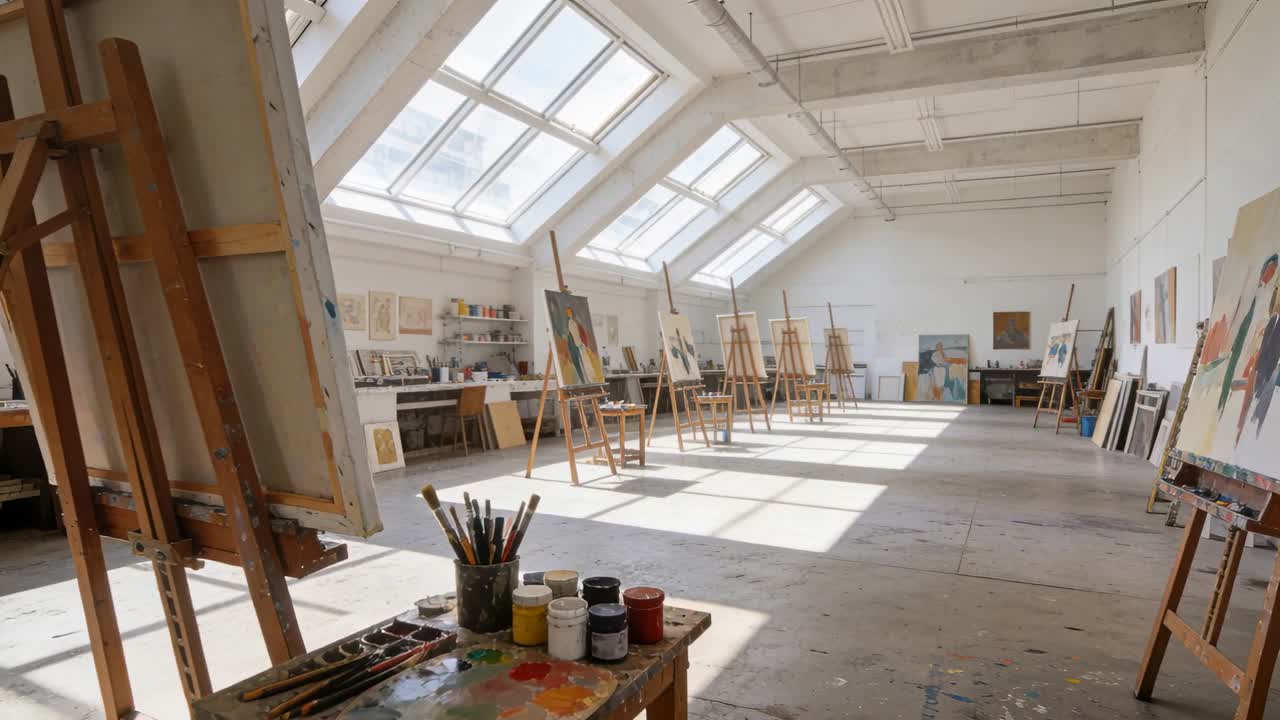 Panorerende kamera viser staffeli foran med palett, krukker og pensler for å vise et solfylt studio, med plass for tekst.