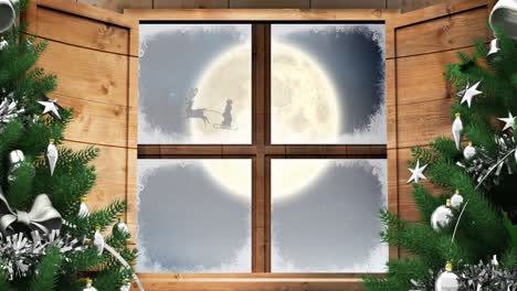 Digitale-Animation-Von-Zwei-Weihnachtsbäumen-Und-Einem-Hölzernen-Fensterrahmen