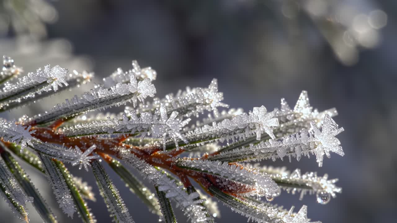 Captivating Close-up of Frost-Laden Pine Branch with Sparkling Ice Crystals Glimmering in the Winter Sunlight, Showcasing Nature's Icy Artwork in  Beauty
