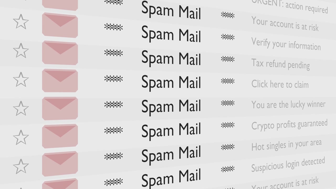 Detaljert nærbilde av flere søppelposter som fyller en digital innboks. Fokusert visning fremhever svindel, phishing-forsøk og presserende meldinger under myk, jevn belysning.