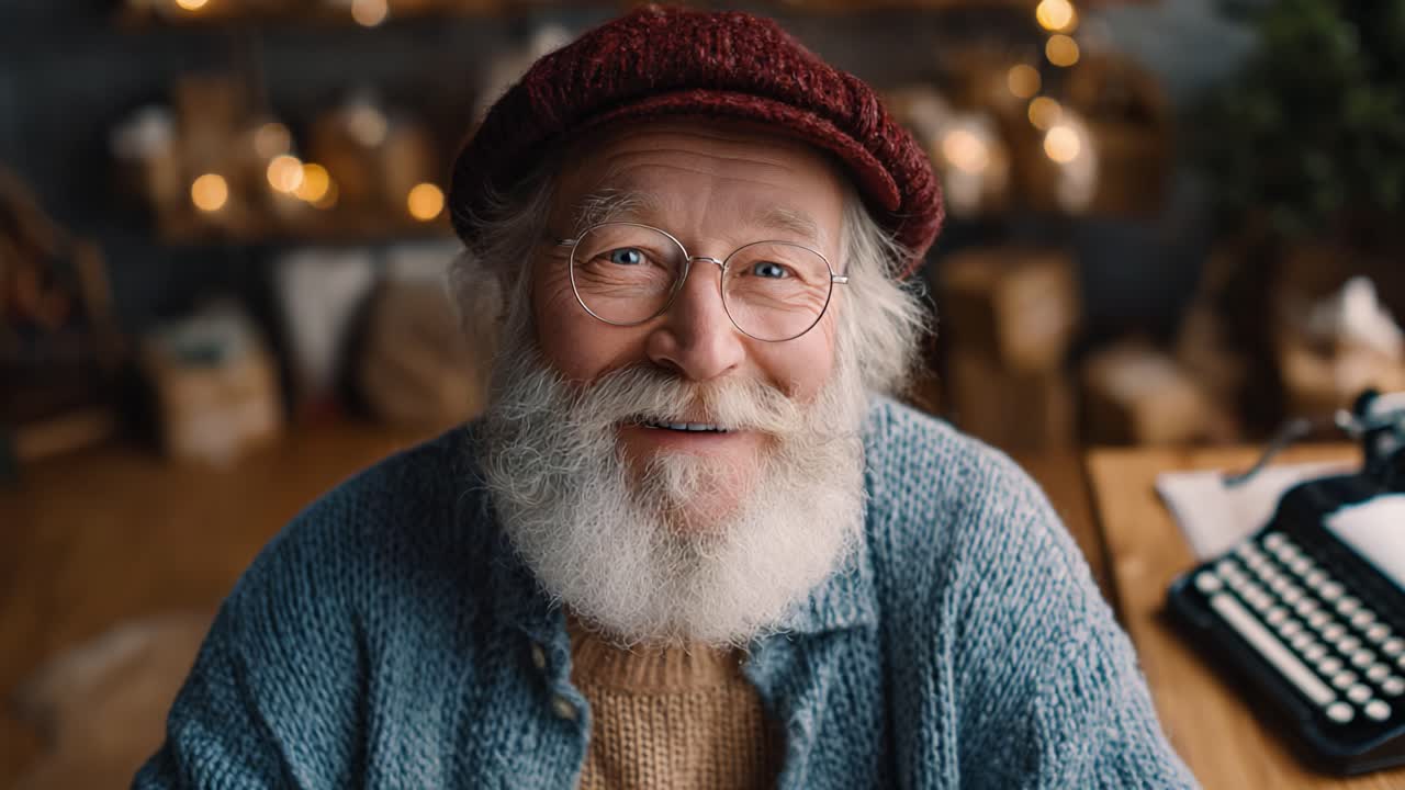 A Heartwarming Portrait of an Elderly Man with a Joyful Smile, Embracing Warmth and Nostalgia in a Cozy, Well-Decorated Environment Full of Light and Life