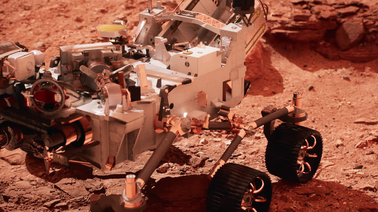 Mars-kulkija Perseverance tutkimassa punaista planeettaa. Nasan toimittamia elementtejä