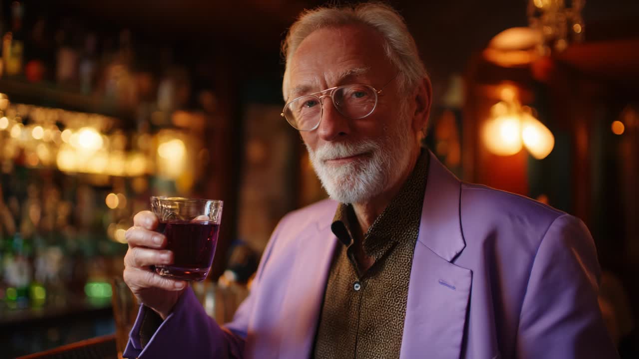 An Elegant Elderly Gentleman Cheerfully Raising a Purple Drink in a Cozy Bar Setting, Radiating Joy and Sophistication, Capturing a Moment of Enjoyment Amidst the Lively Atmosphere around Him