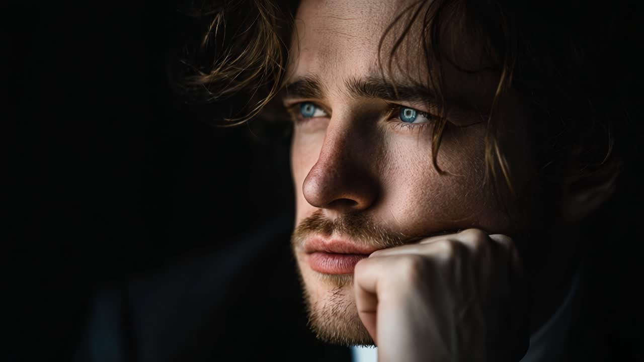 Introspective Portrait of a Young Man Lost in Thought, Highlighting His Expressive Features and Deep Blue Eyes Against a Dark Background