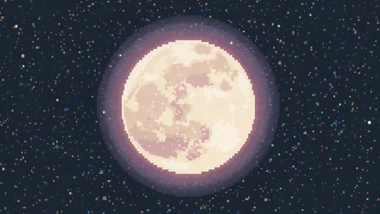 Pulsing pixel moon reacting to frame shifts, modulating halo and changing grain across starfield