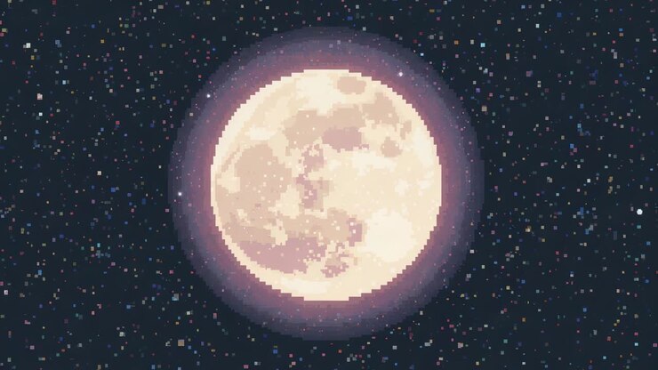 Lua de pixels pulsante reagindo a mudanças de quadro, modulando o halo e alterando o grão através do campo estelar