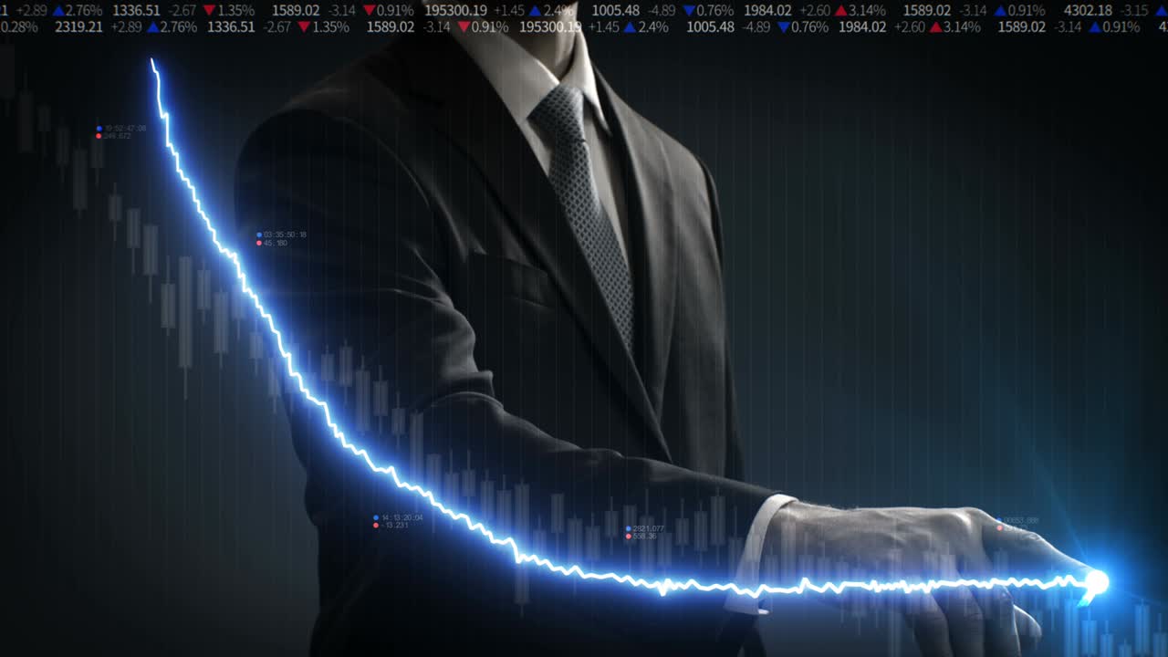 비즈니스맨 터치 스크린, 다양한 애니메이션 주식 시장 차트 및 그래프, 블루 라인 감소, 4k 애니메이션