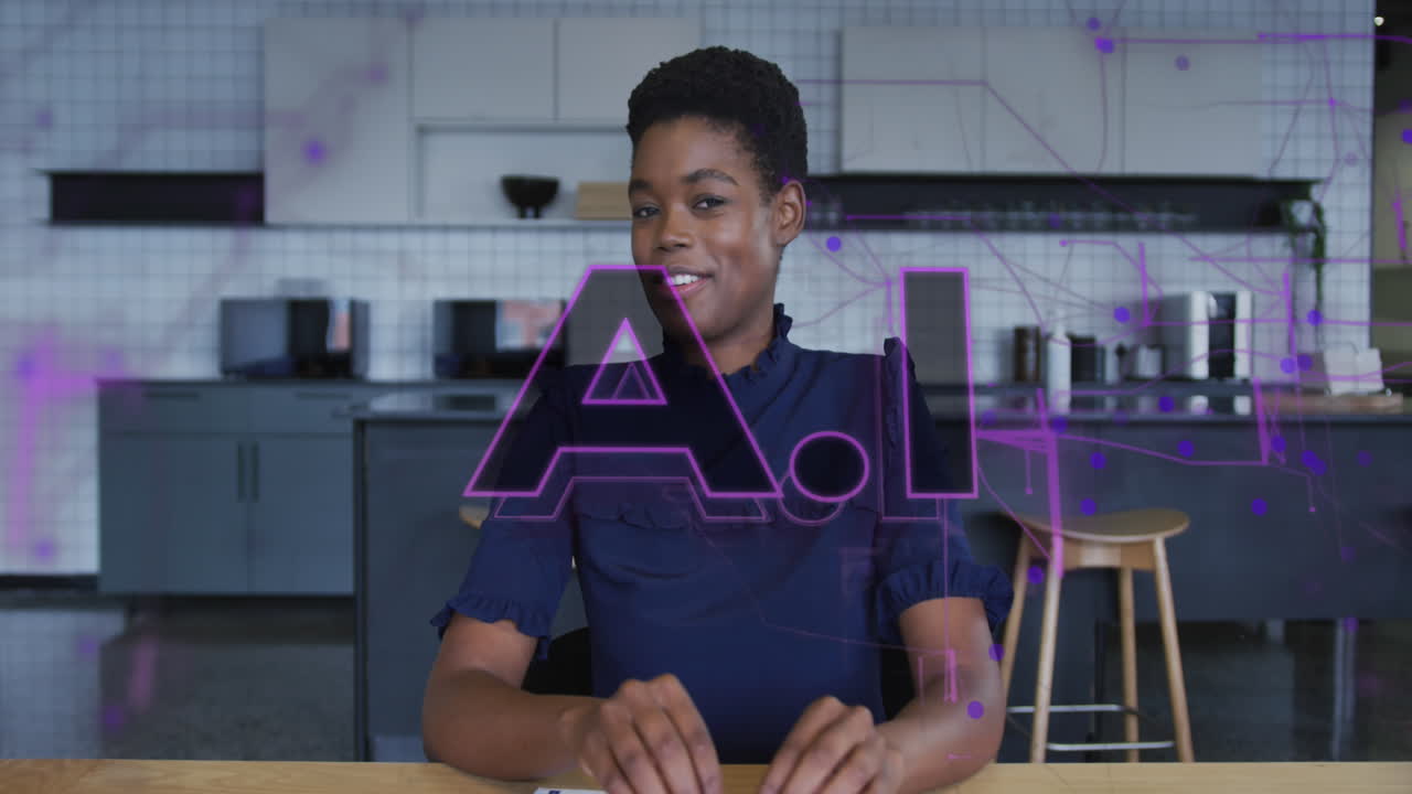 Animation of ai text and data processing over african american woman in kitchen