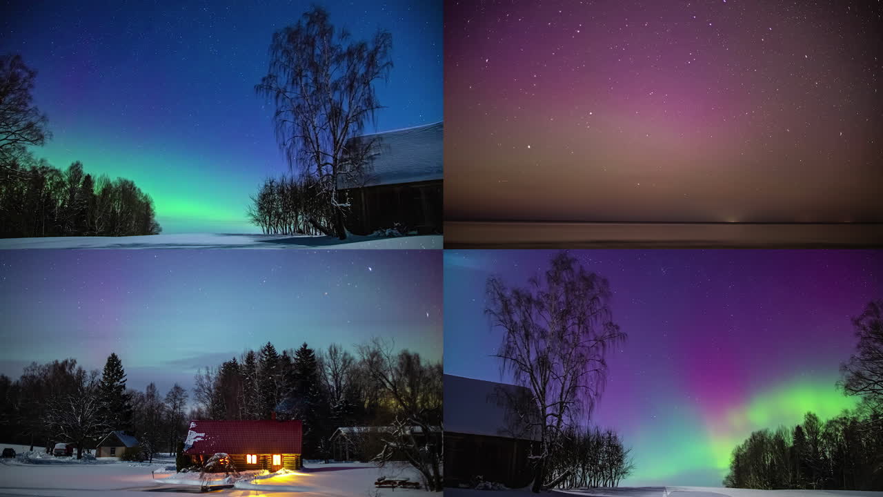 aurora boreal en el cielo nocturno con edificios rurales de madera, lapso de tiempo de fusión