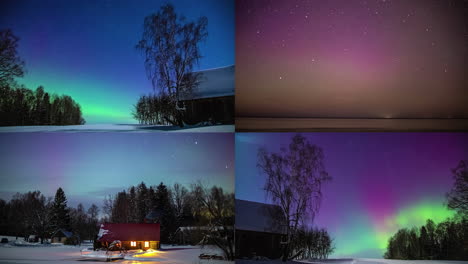 aurora borealis at night sky with wooden rural buildings, fusion time lapse