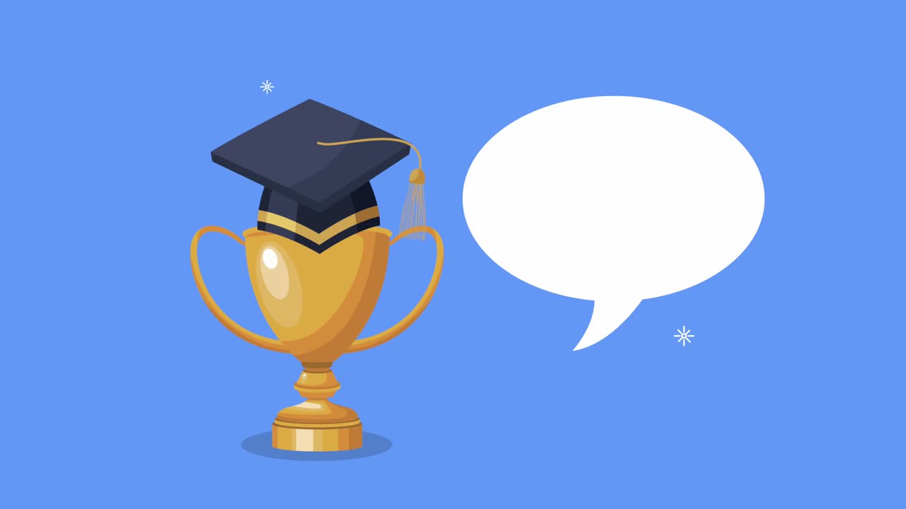 sombrero de graduación y trofeo con burbuja de habla