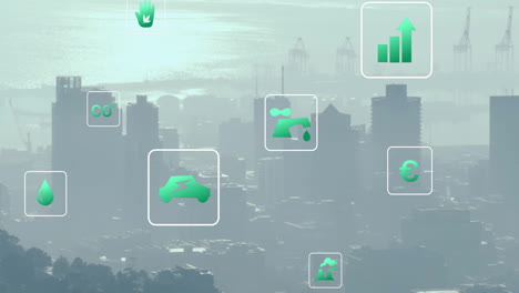 Animation-of-network-of-eco-icons-over-cityscape