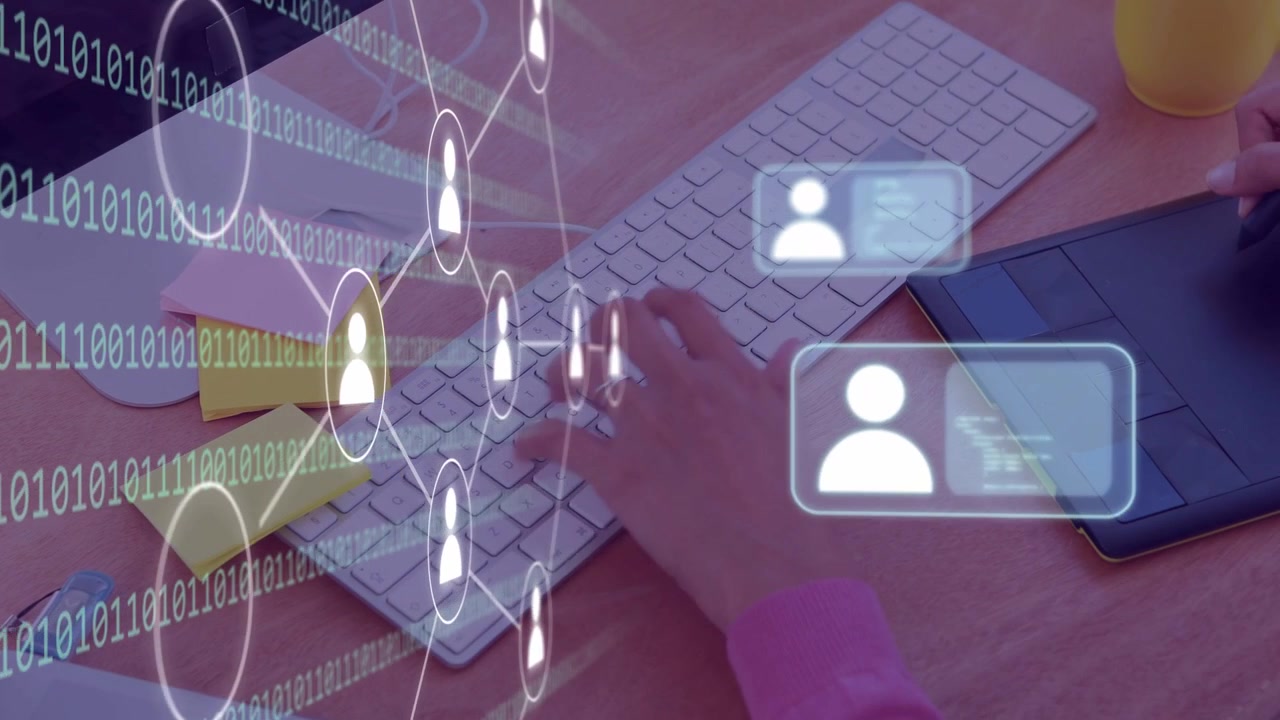Woman's hands typing, using stylus, initiating binary web of nodes and profiles for network design