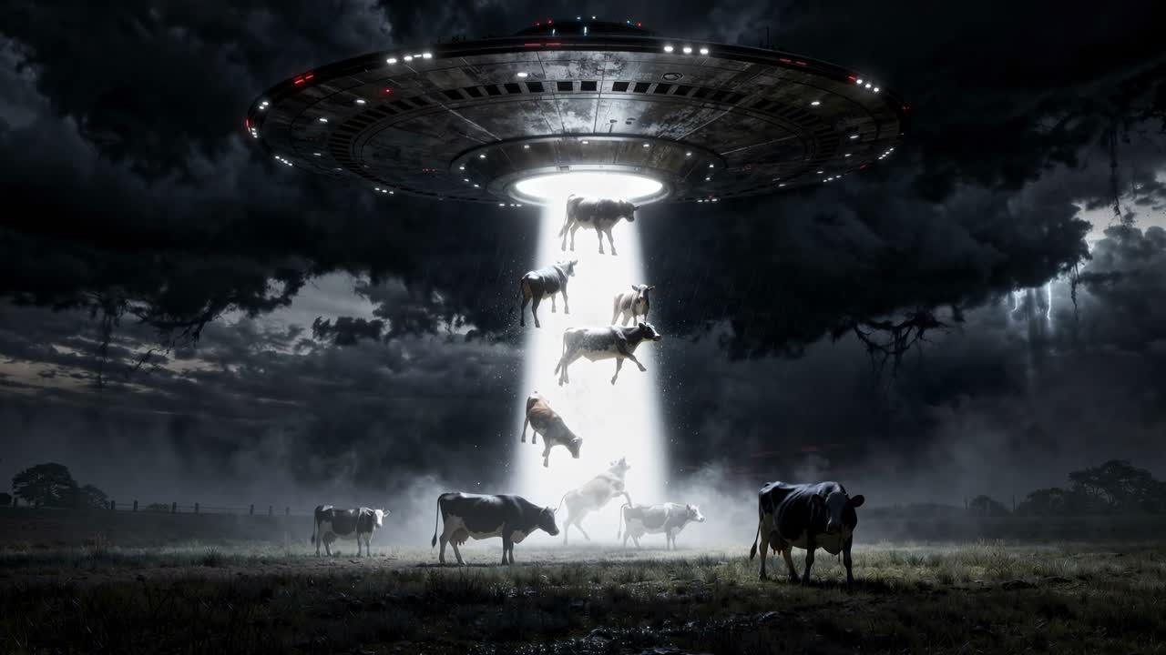 Alien UFO abducting cows over dark stormy farm at night. Dramatic sci fi scene of a flying saucer beaming cows upward from a misty field during a stormy night in rural countryside