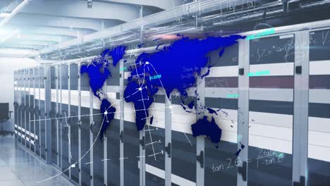 animación del mapa del mundo azul y cálculos matemáticos sobre la sala de servidores de la computadora