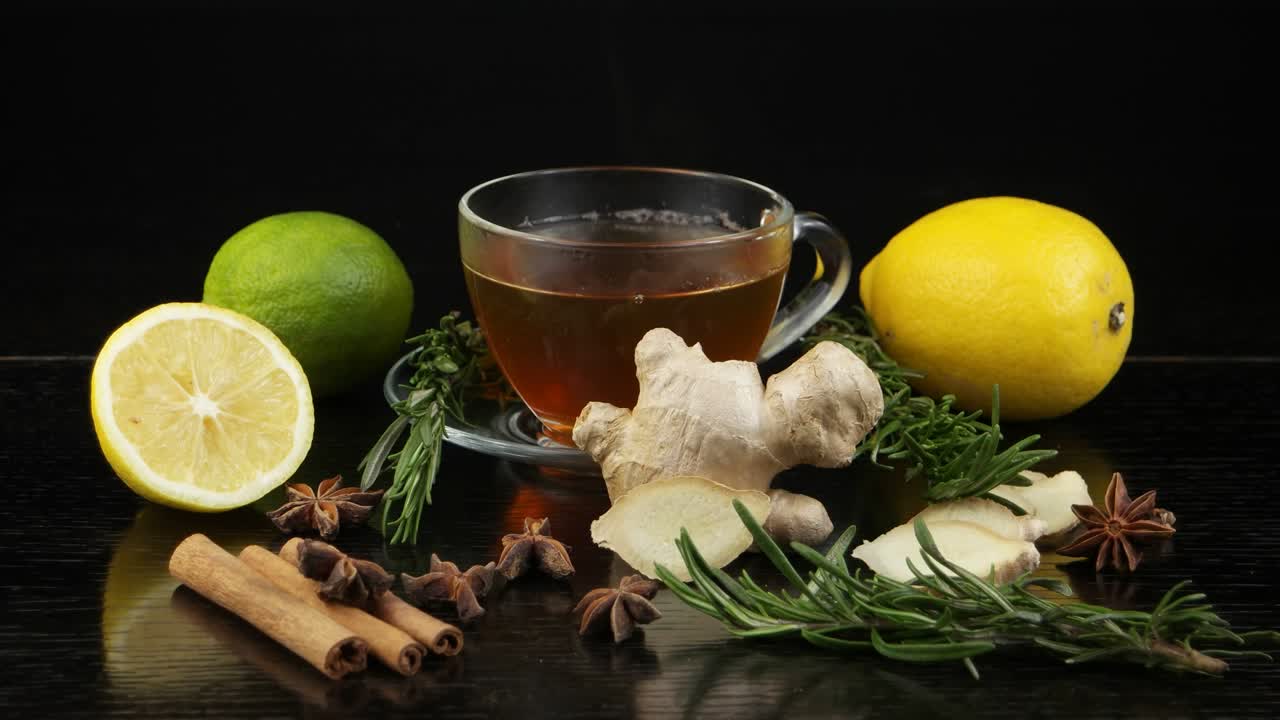 una rodaja de limón se sumerge en una taza de té caliente. limón, lima, ramas de romero y especias para el té en una mesa de madera negra