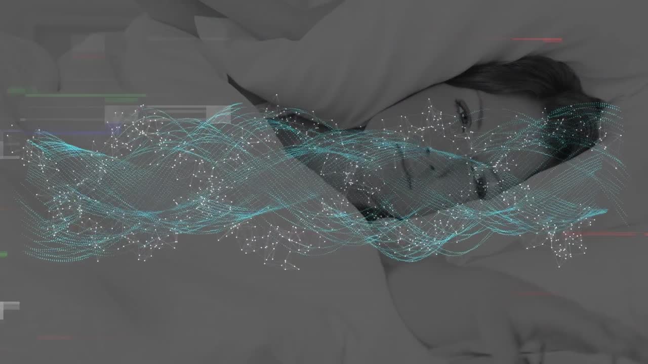 Animation of glitch technique, dots and waves forming dna helix over caucasian woman lying on bed
