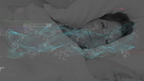 Animation-of-glitch-technique,-dots-and-waves-forming-dna-helix-over-caucasian-woman-lying-on-bed