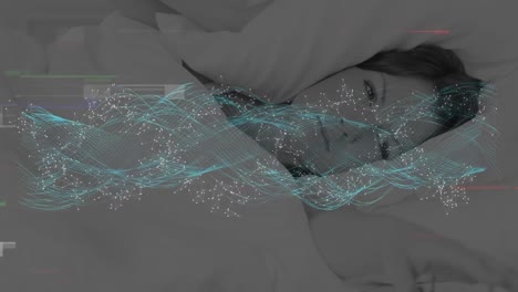 animation of glitch technique, dots and waves forming dna helix over caucasian woman lying on bed