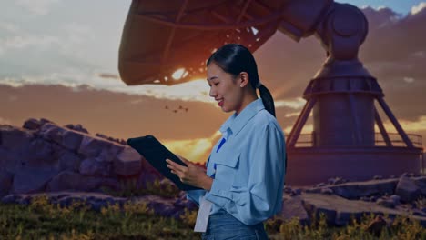 side view of an asian female professional worker standing with her tablet with large satellite dish, checking on her tablet with meditation