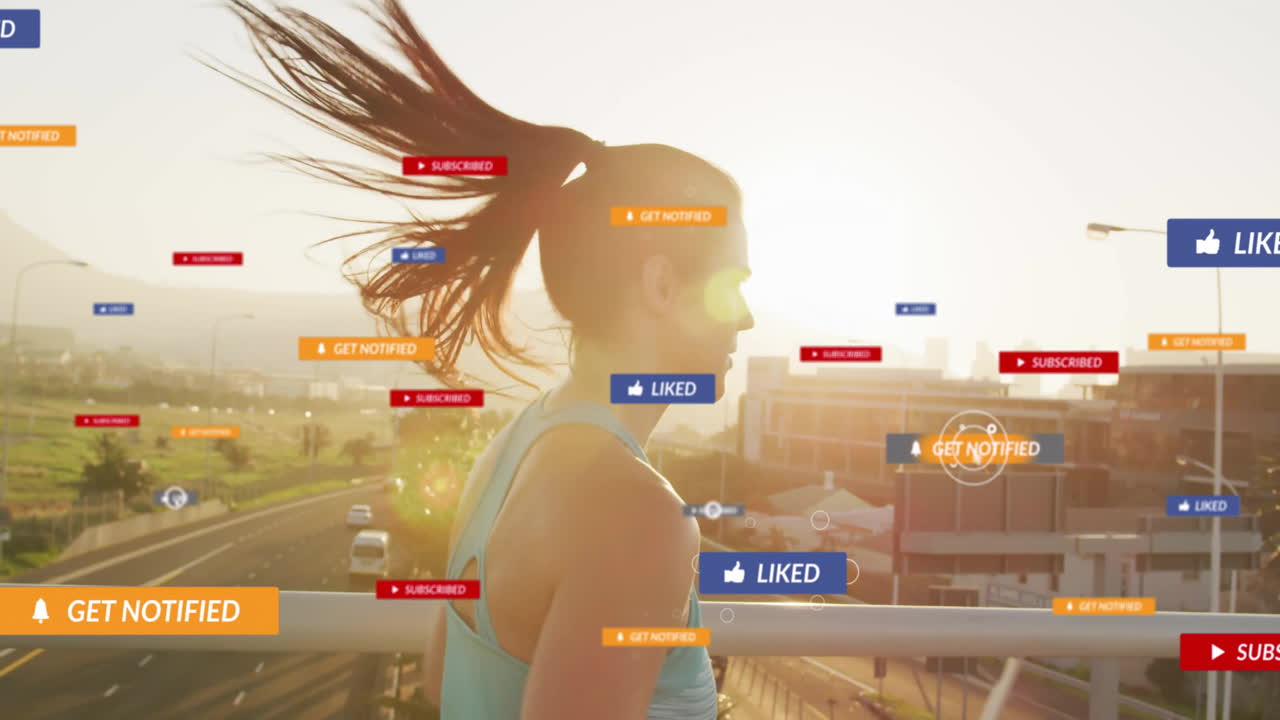 notificaciones de las redes sociales animación sobre una mujer corriendo en un puente urbano