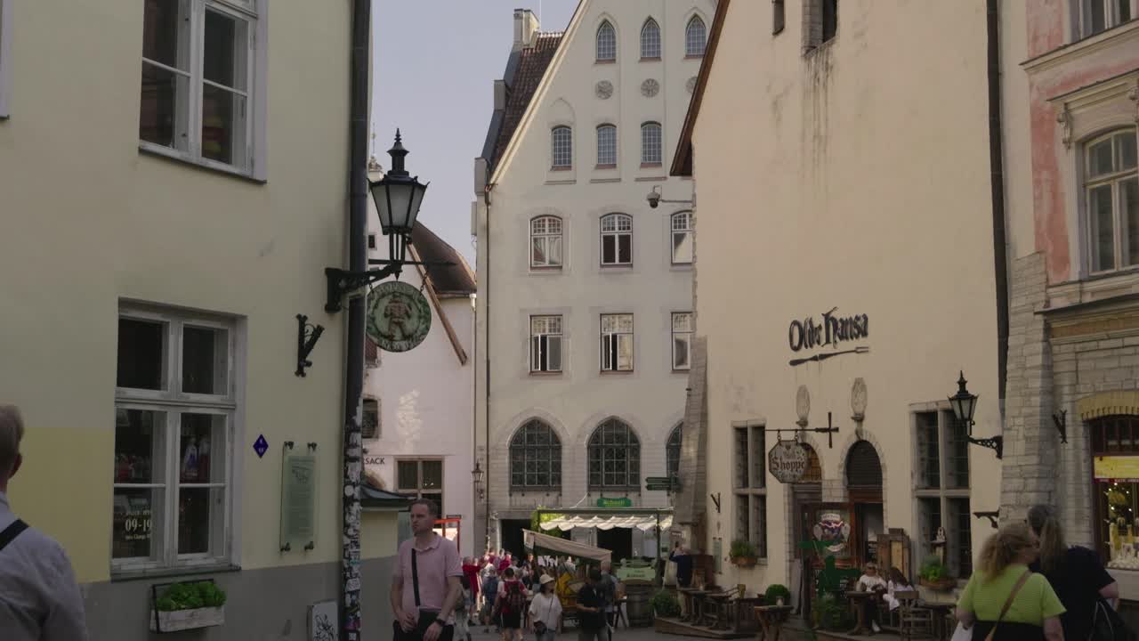 Tilt down across old houses in medieaval town in Tallinn, Estonia