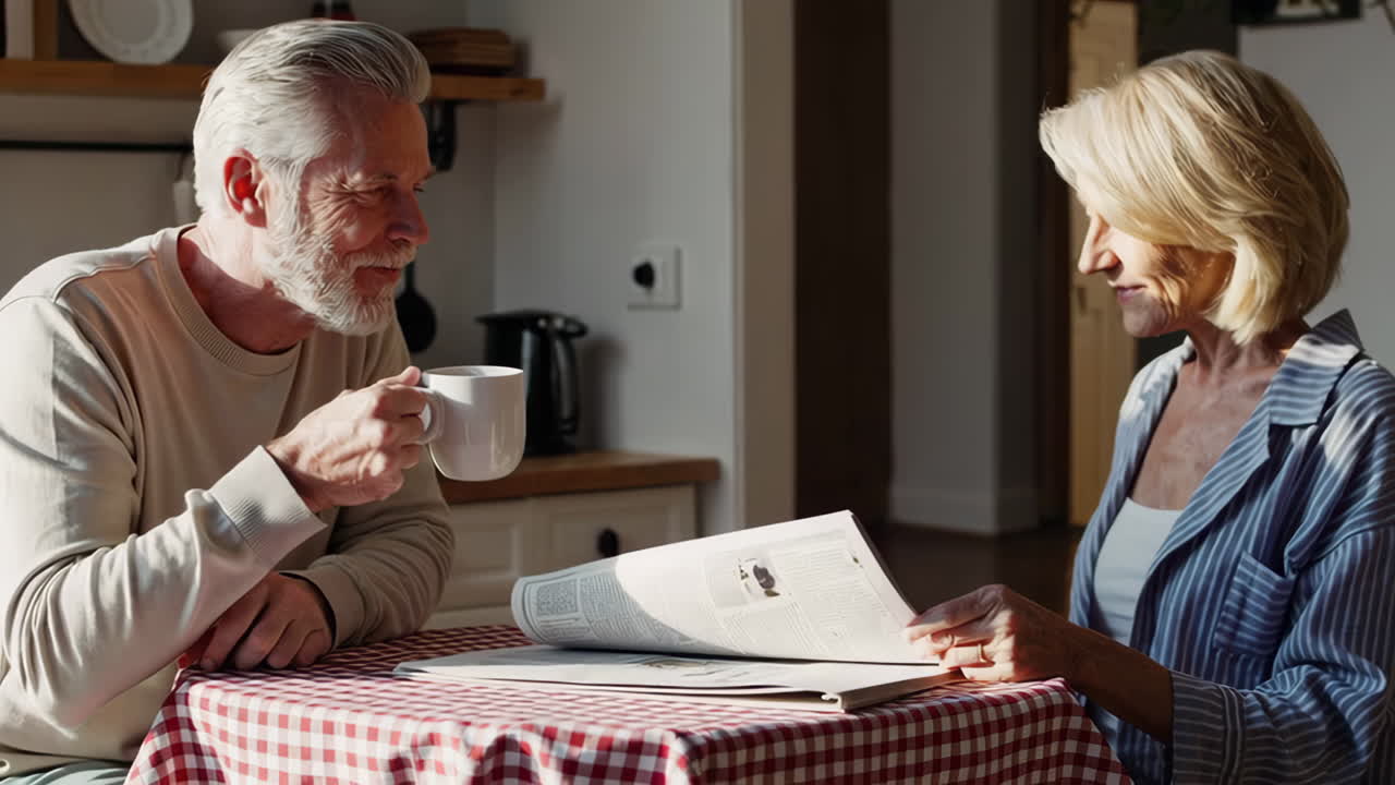 Elderly Couple Reading Newspaper Over Coffee