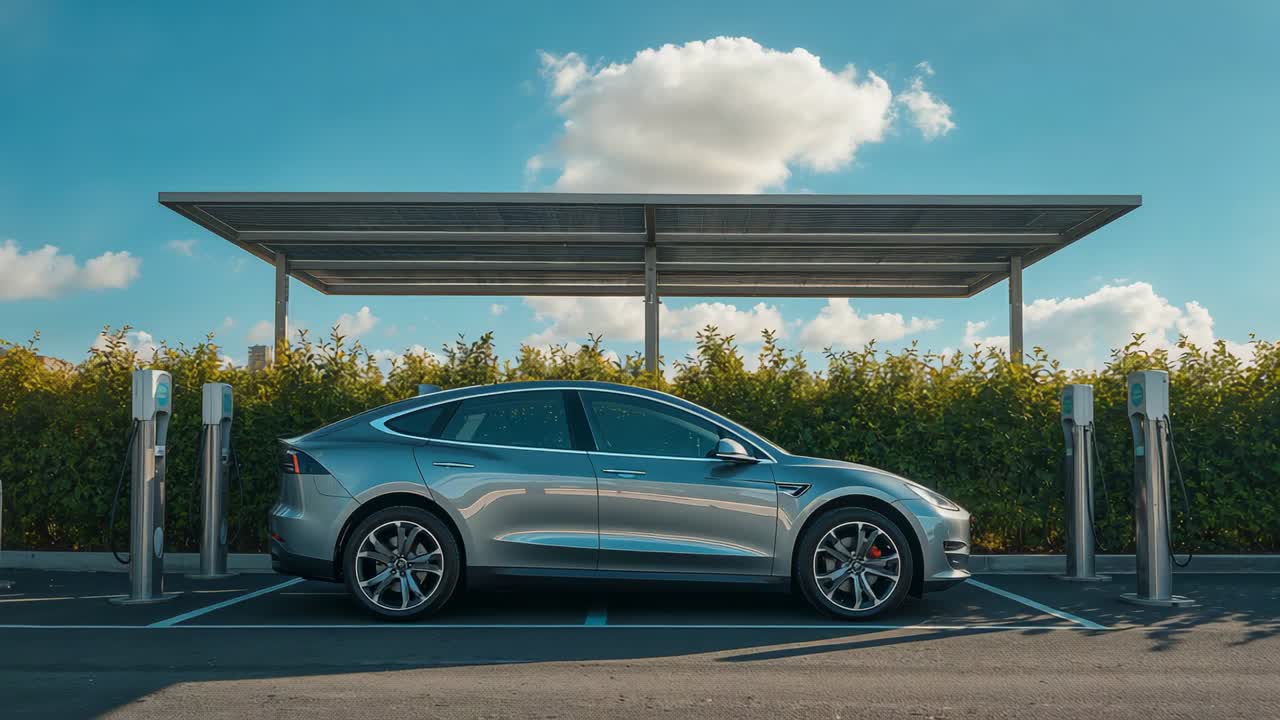 Framing silver SUV sitting centered in EV bay under solar canopy, four chargers, sunlight drifting