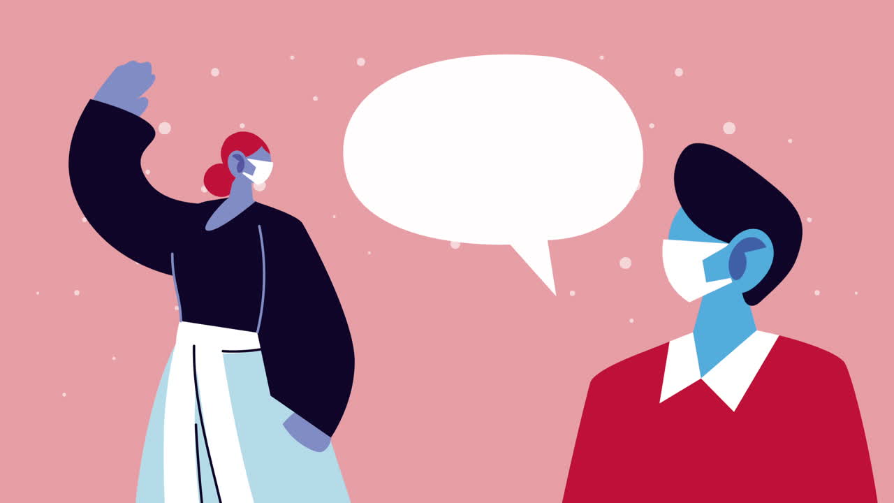 코로나19를 예방하기 위해 얼굴 마스크를 착용하는 커플과 스피치 버블