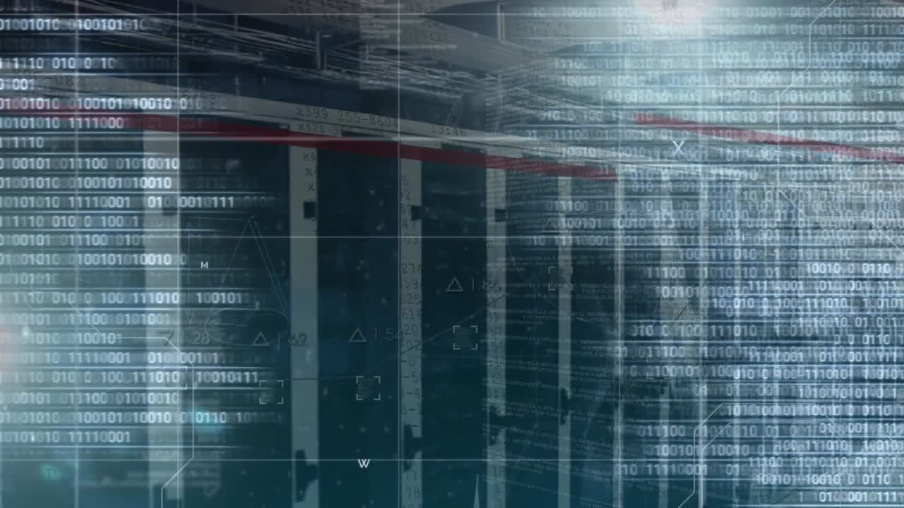 Animation of binary codes over connected dots and graph against server room in background