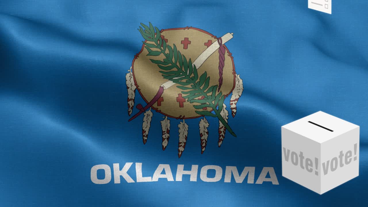 오클라호마 주 - 투표용지가 오클라하마 선택을 위해 상자에 날아갑니다 - 발 앞에 있는 투표용지 - 선거 - 투표 - 국가 발 오클라오마 주 파동 패턴 루프 가능한 요소 - 직물 질감과 끝없는 루프 - 오클라홀마 주 루프 가능한 발