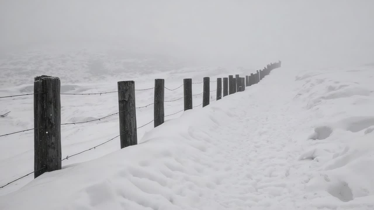 Advancing camera filming wooden posts with wire and packed path at foggy trail, revealing snowbanks