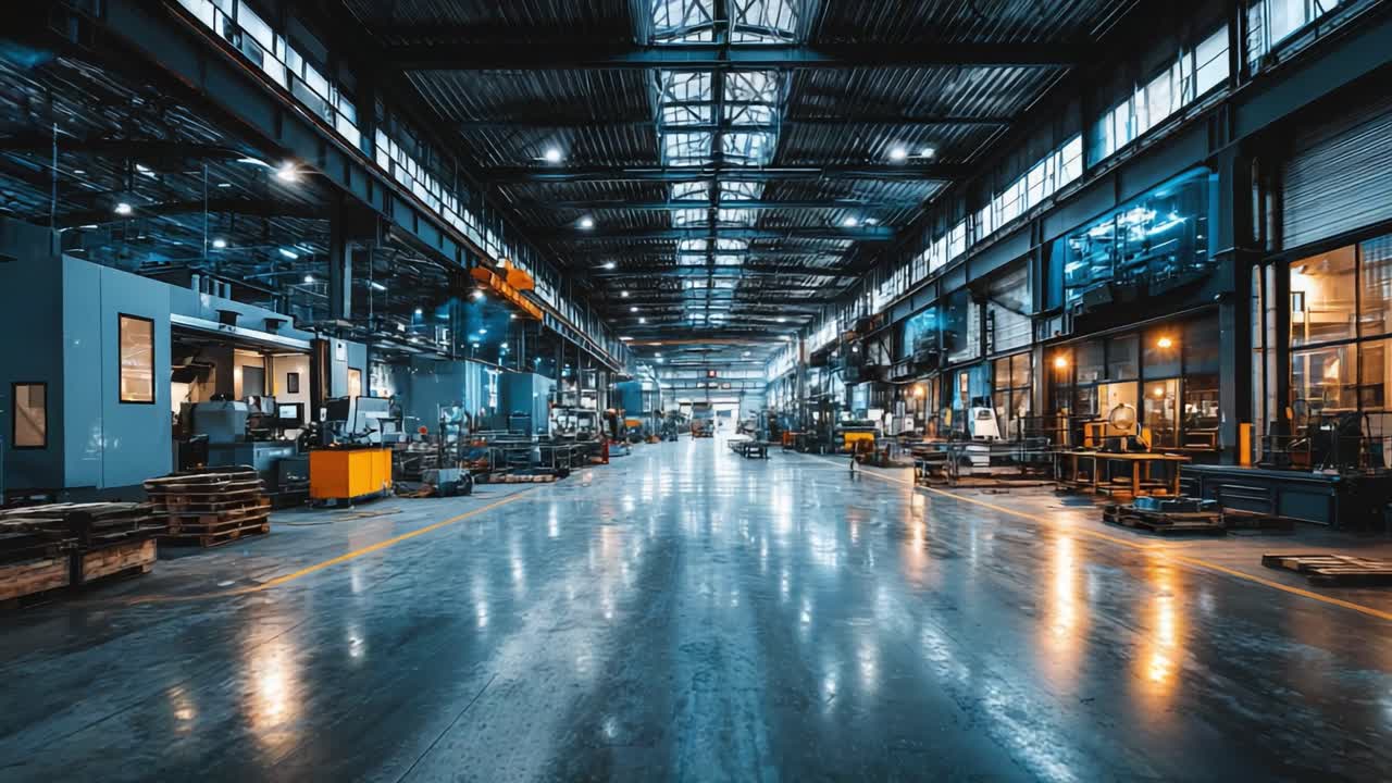 A Vast Industrial Warehouse Interior Showcasing Advanced Machinery and Equipment with Well-Lit Aisles and Reflective Floors in a Modern Manufacturing Environment
