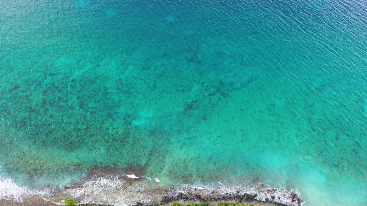 Aerial view of St. Croix, USVI, where the turquoise Caribbean Sea meets a forested coast with a few secluded luxury villas hidden in the trees, glowing under the midday tropical sun