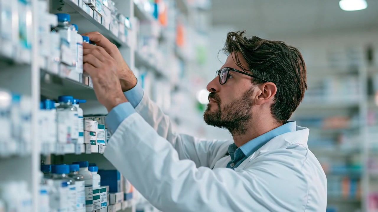 Scienziato di laboratorio che ispeziona l'attrezzatura durante la ricerca medica