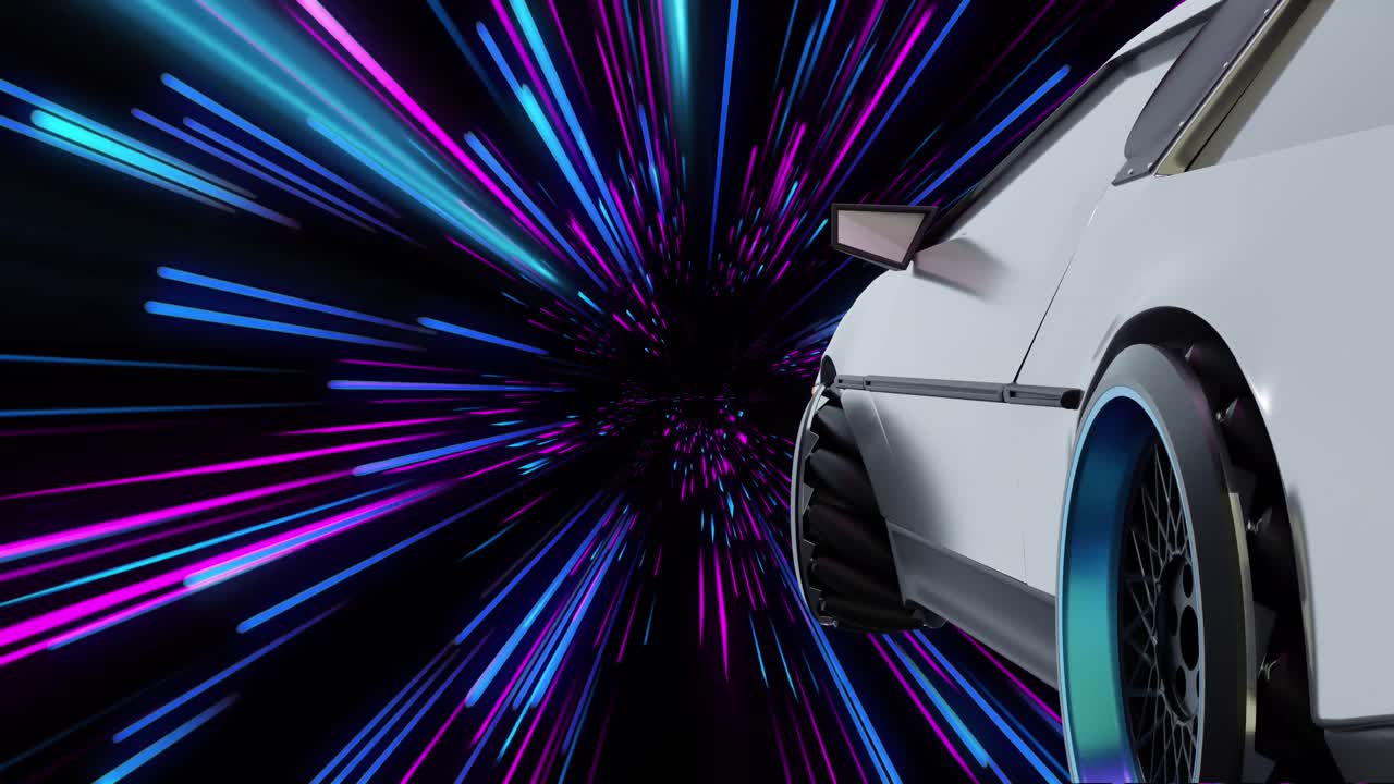 핑크색과 파란색 네온 빛 트레일 위에 전기 자동차의 애니메이션