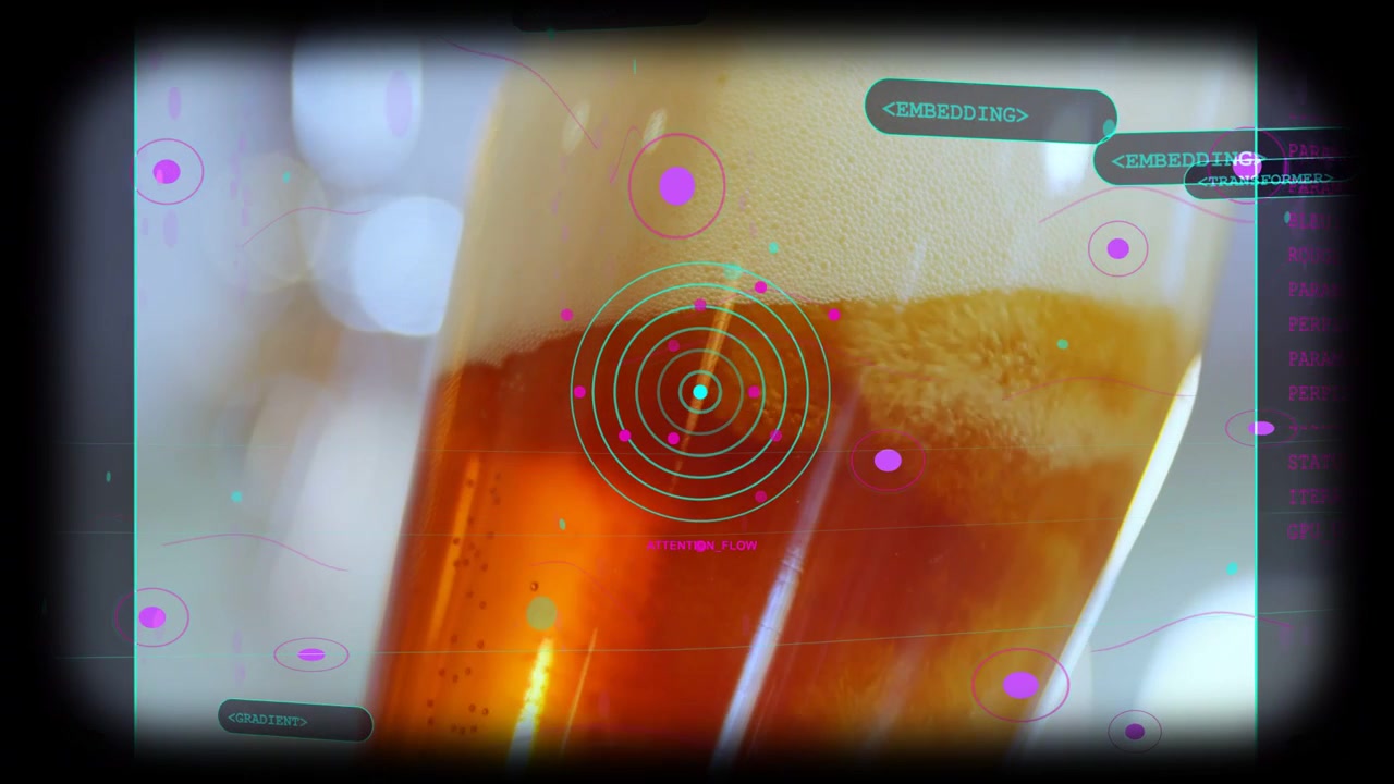 Mirino che appare, bicchiere da birra alto sottoposto ad analisi tecnologica, anelli HUD che pulsano, nodi rosa che si stabilizzano