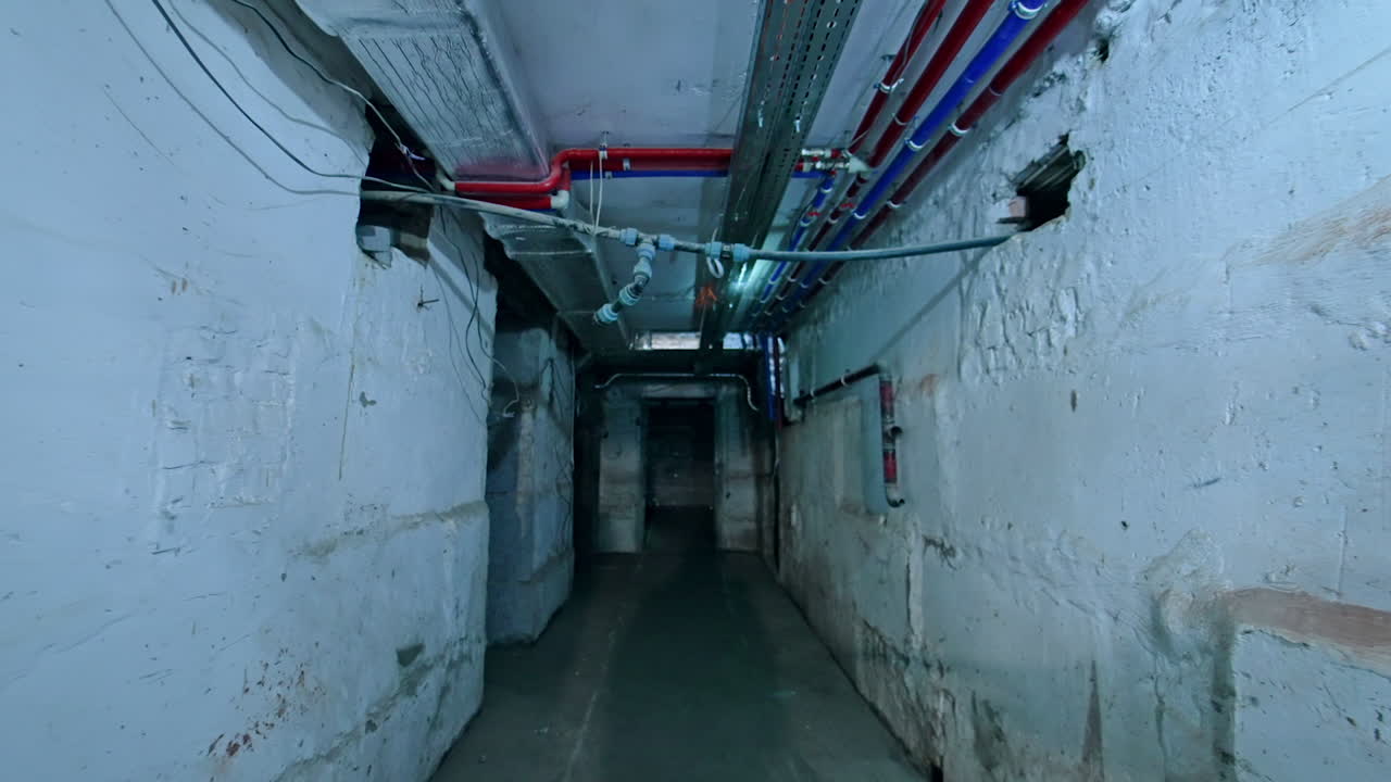 Dark hall with pipes and wires. A dimly lit underground hallway features exposed walls, pipes, and electrical wiring, conveying a mysterious atmosphere