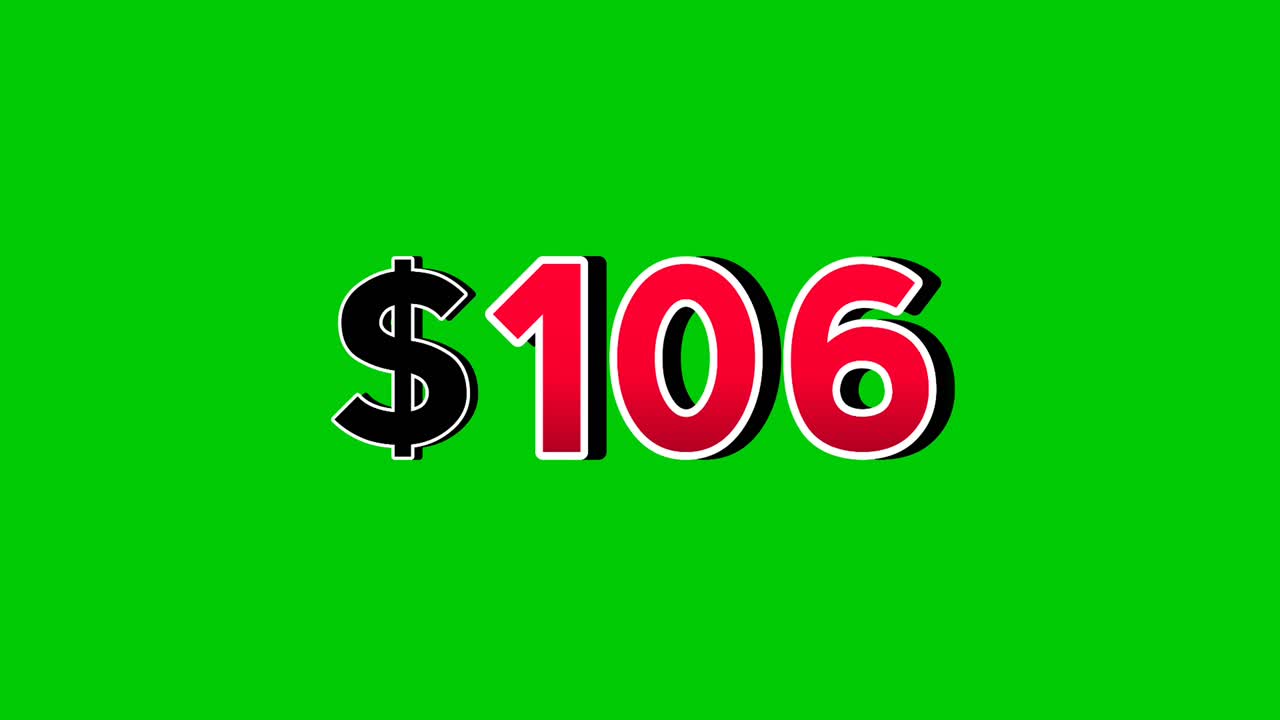 Animation number $106 dollar sign motion graphics, red font with white and black outlines green screen background vibrant red numbers. Video 3D effect with shadows for video elements business concept