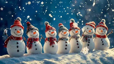 a group of snowmen wearing hats and scarves standing in the snow