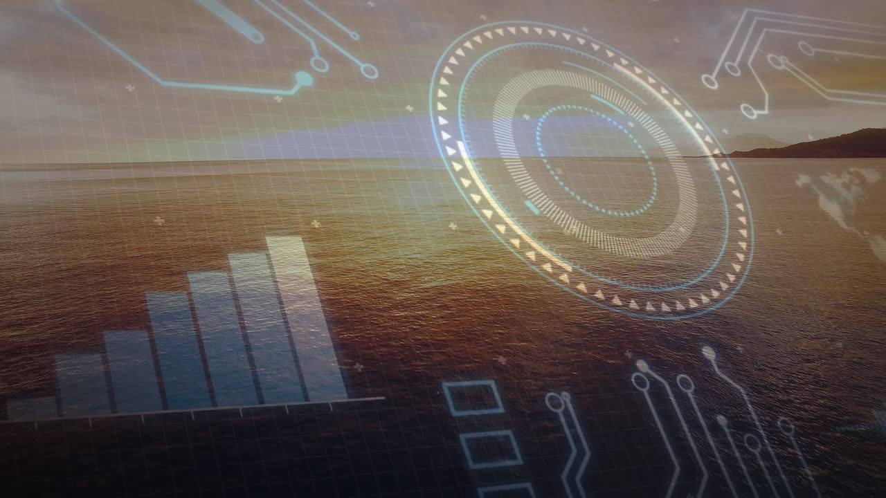 Circular HUD element gliding over sunset sea, showing rising bar chart with circuit lines