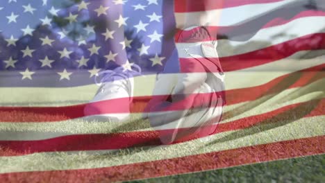 Animation-of-golf-ball-on-grass-over-waving-flag-of-usa