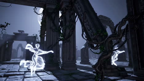ghostly figures in an ancient ruins at moonlight