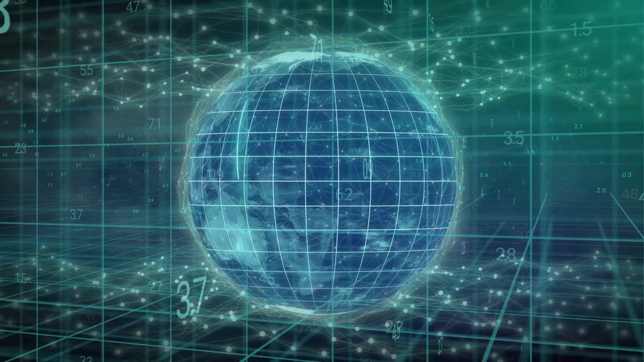 Timeline advancing, tech globe rotating on grid, updating metrics and tracing paths showing data