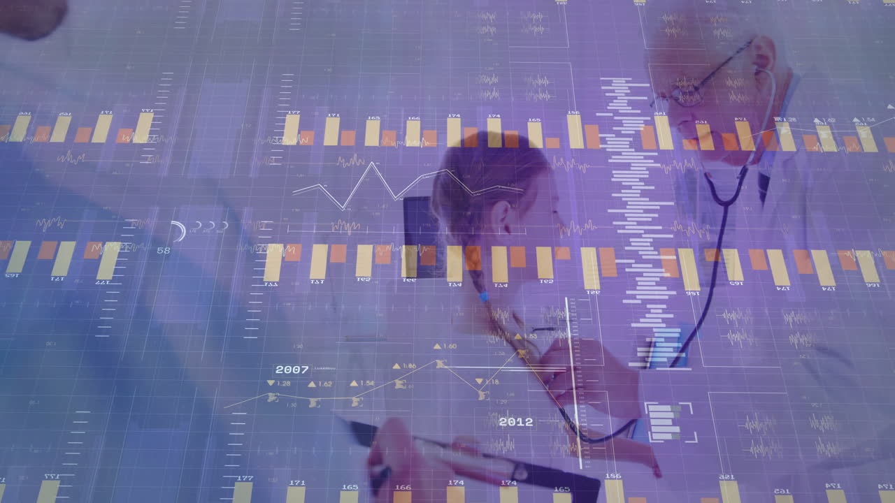 Animation of financial data processing over caucasian male doctor with girl patient