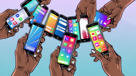multiple hands holding various smartphones displaying app icons
