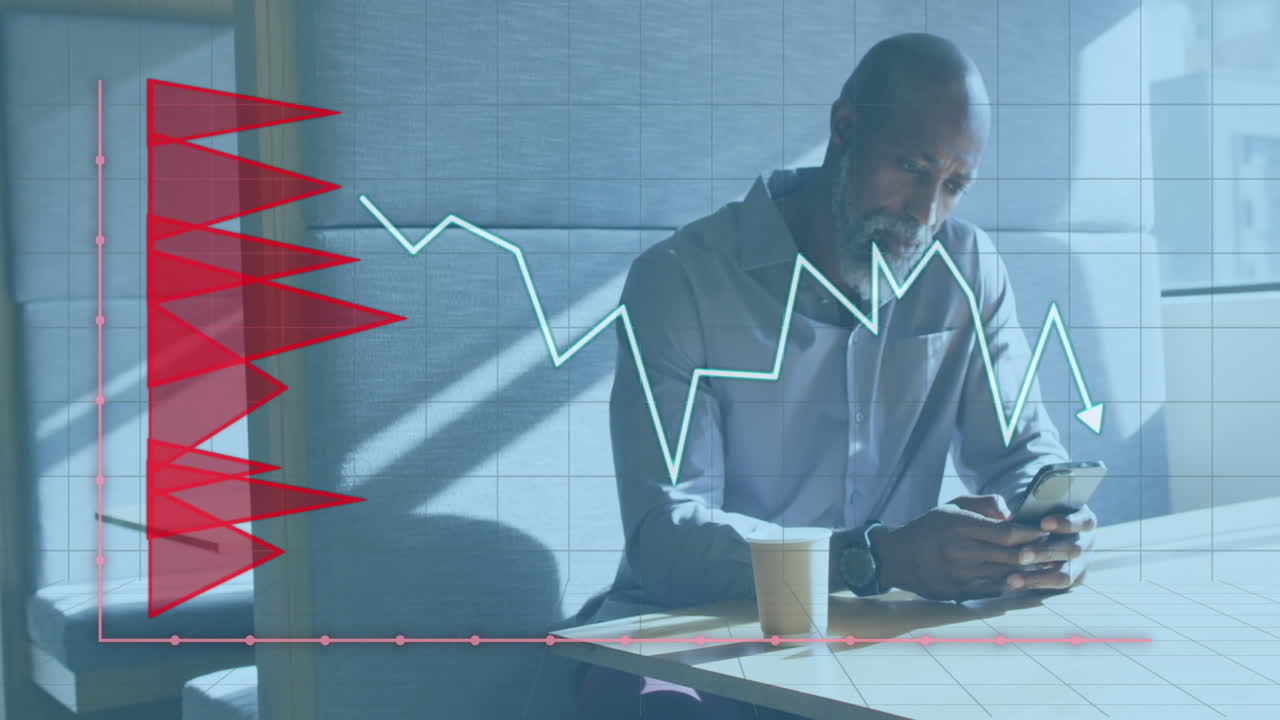 Animation of data processing over african american businessman at office
